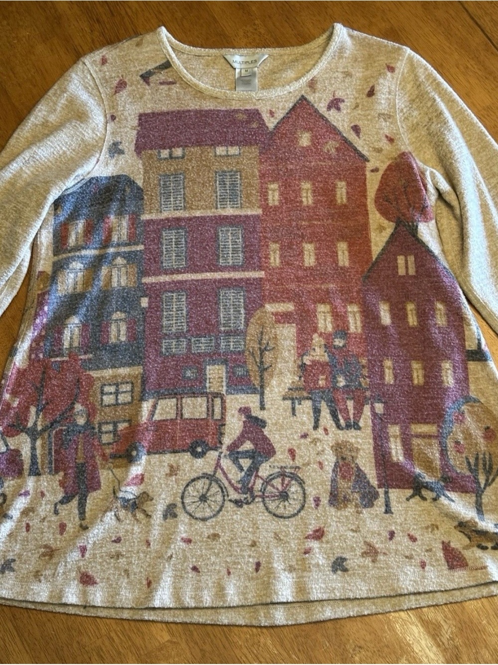 Women M Knit Top Townhouse Autumn Fall Scene Embellished Scoop Neck Multiples